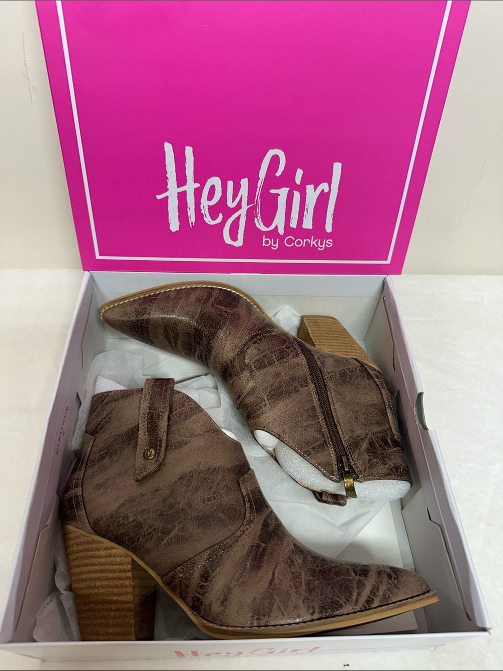 HeyGirl by Corkys Brown Distressed Faux-Leather Pointed Ankle Booties